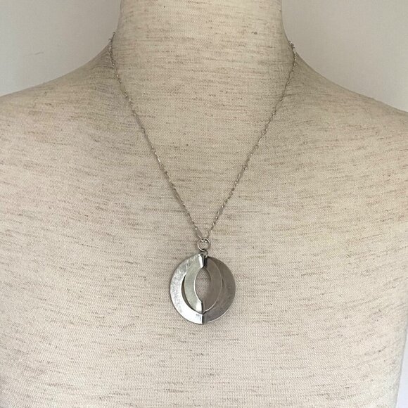 Brushed Sterling Silver 925 Double Ring Modernist Style Round Pendant Necklace - Picture 2 of 16